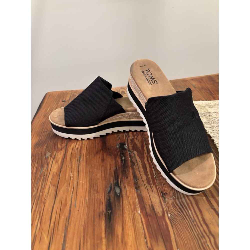 TOMS Women's Slide Wedge Sandals Black Textile Slip-On Logo Solid Size 7 - Picture 3 of 5